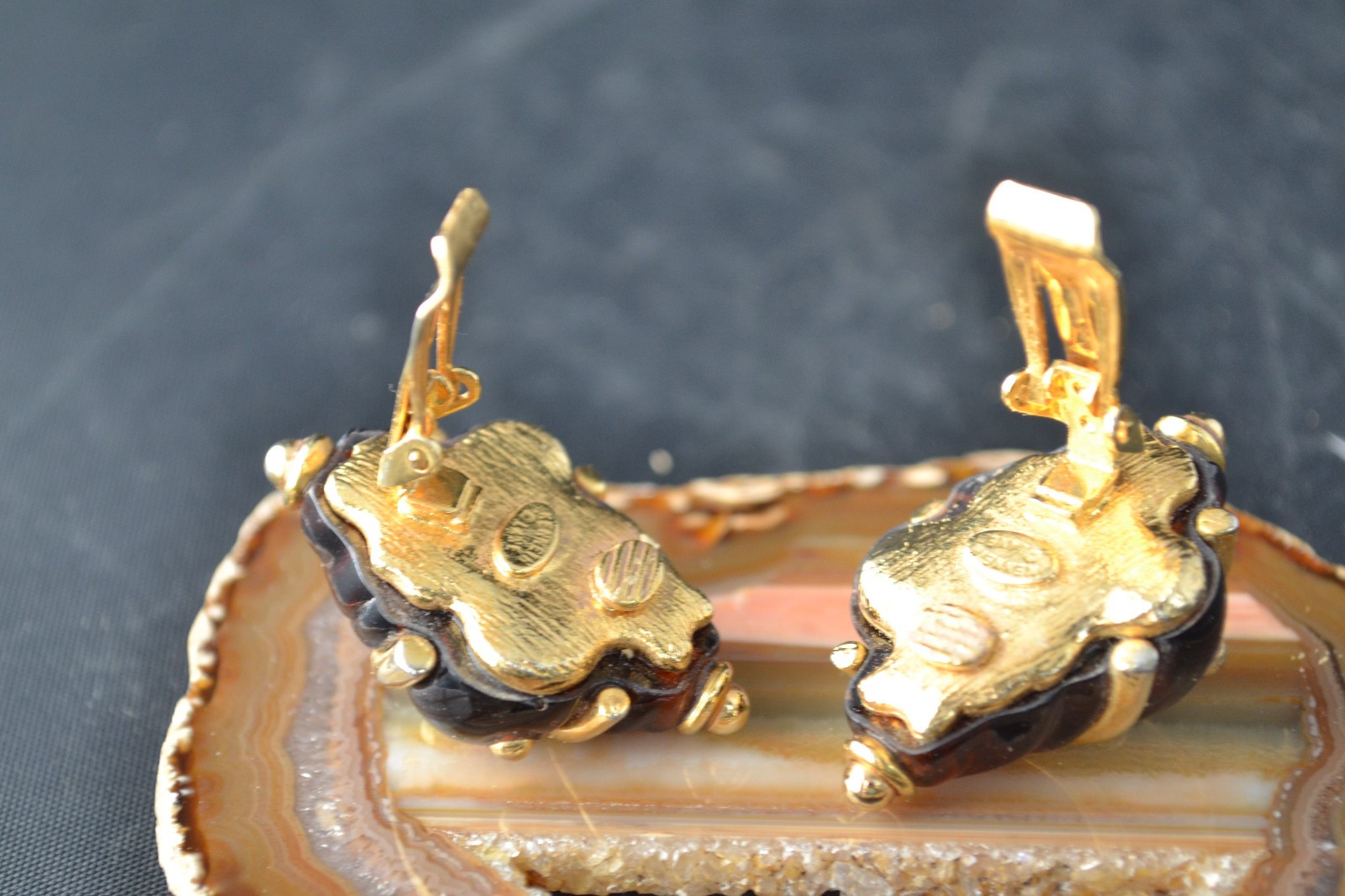 Kenneth Jay Lane KJL earrings clip on seashell Honey Amber color Lucite gold ton