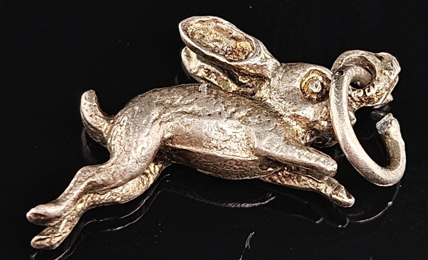 Sterling Silver Dashing Bunny Rabbit Charm Pendant Animal Cute 3D Vintage 925