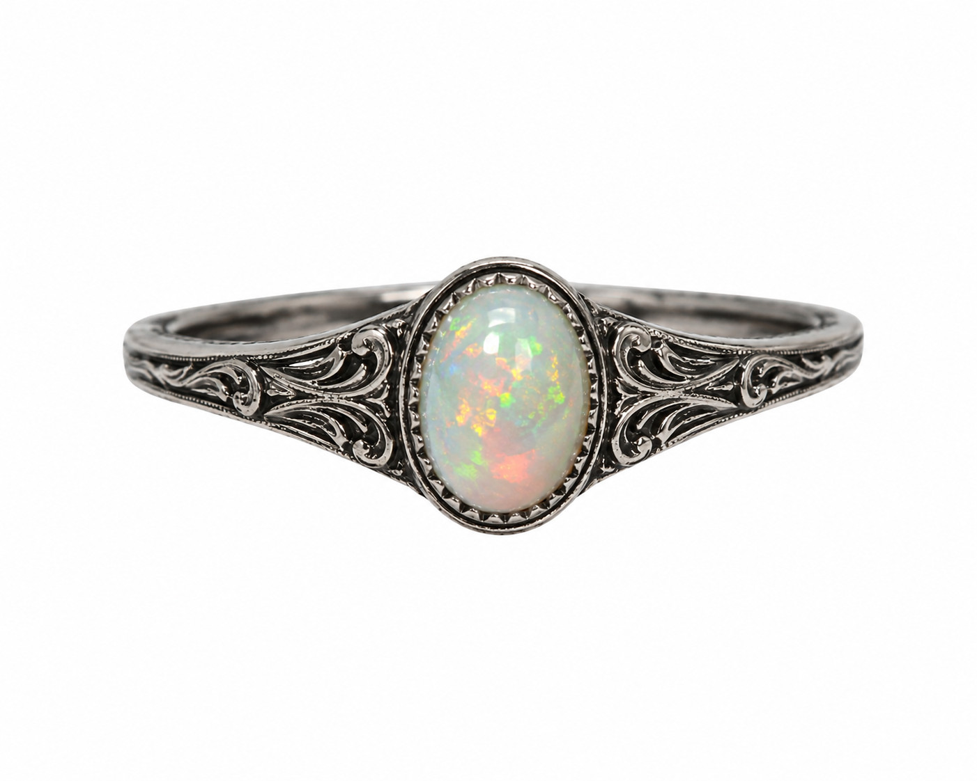 Vintage Ethiopian Opal Ring 925 Sterling Silver Engraved Antique Band Gift