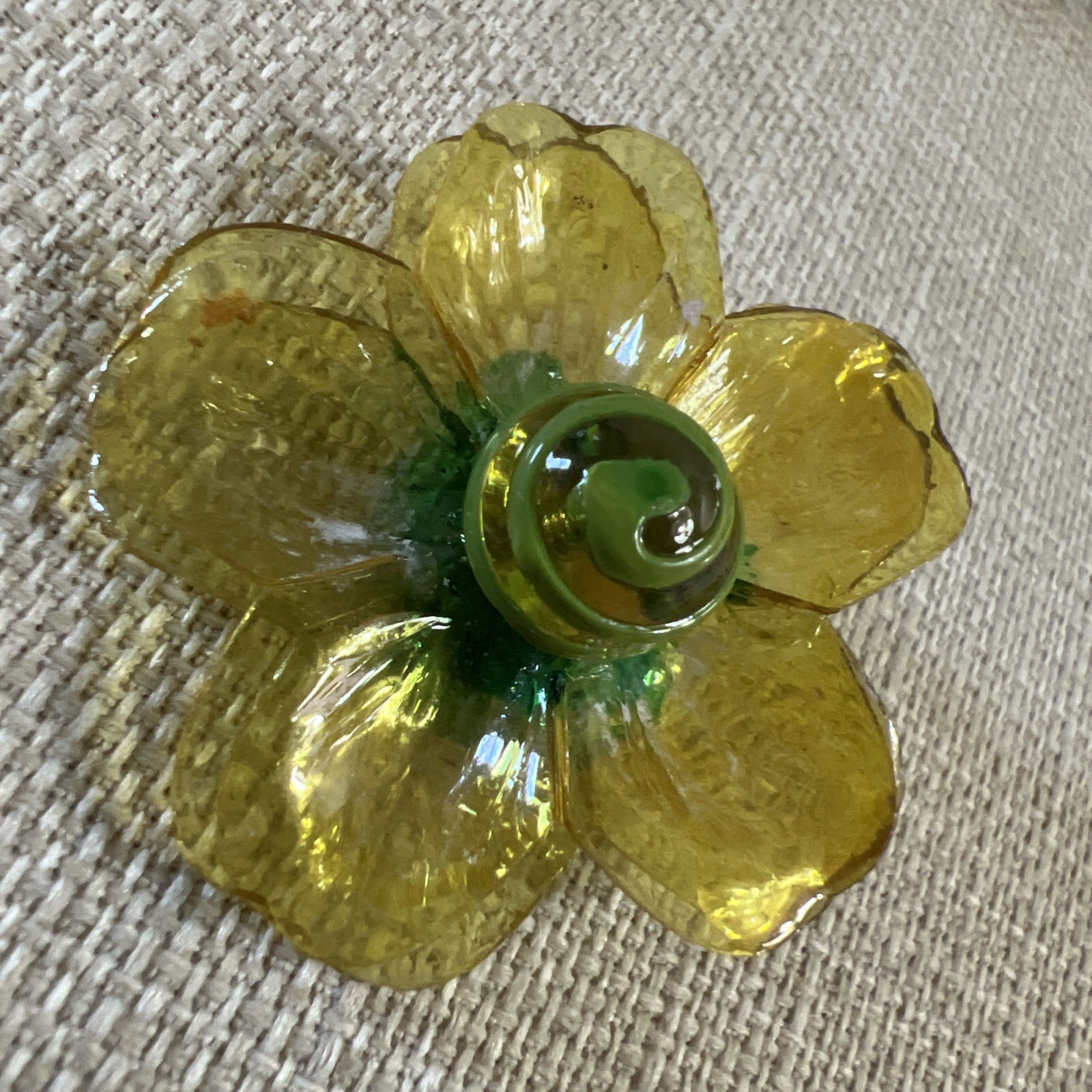 Vintage Cellulose Acetate Yellow Double Layer Petal Floral Clip On Earrings