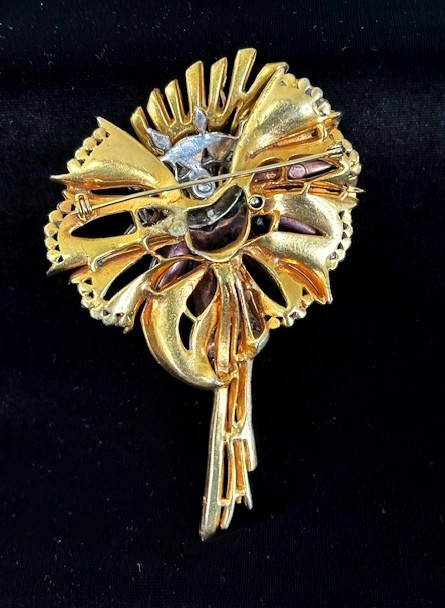 1940s Signed REINAD Gold Plated RED CLEAR CRYSTAL LG Layered FLOWER Pin Brooch