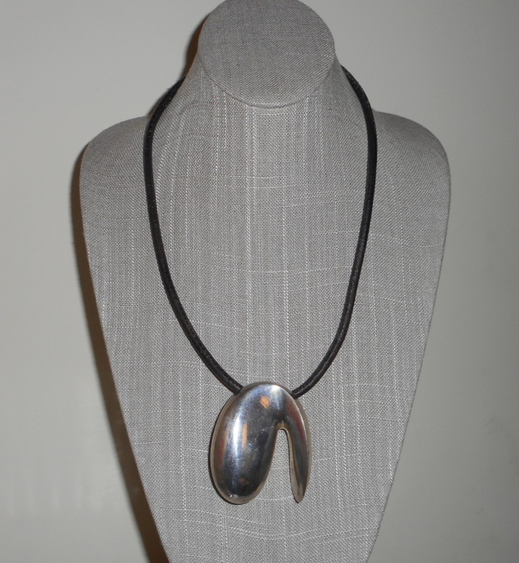Large Modernist Sterling Organic Abstract Sculptural Pendant on Leather Cord 21″