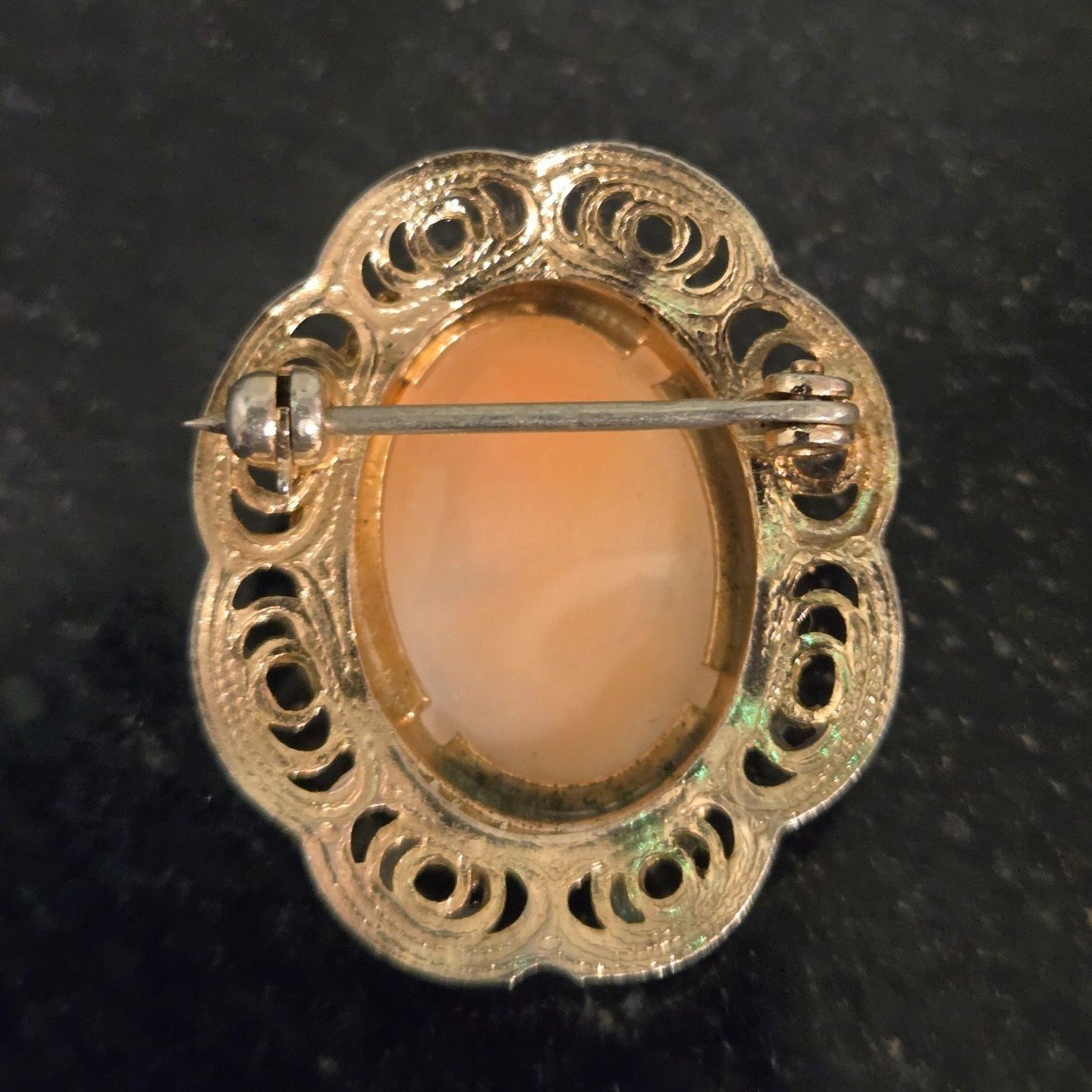 Vintage Cameo Brooch Carved Shell Portrait 1920s Orange White ornate filagree