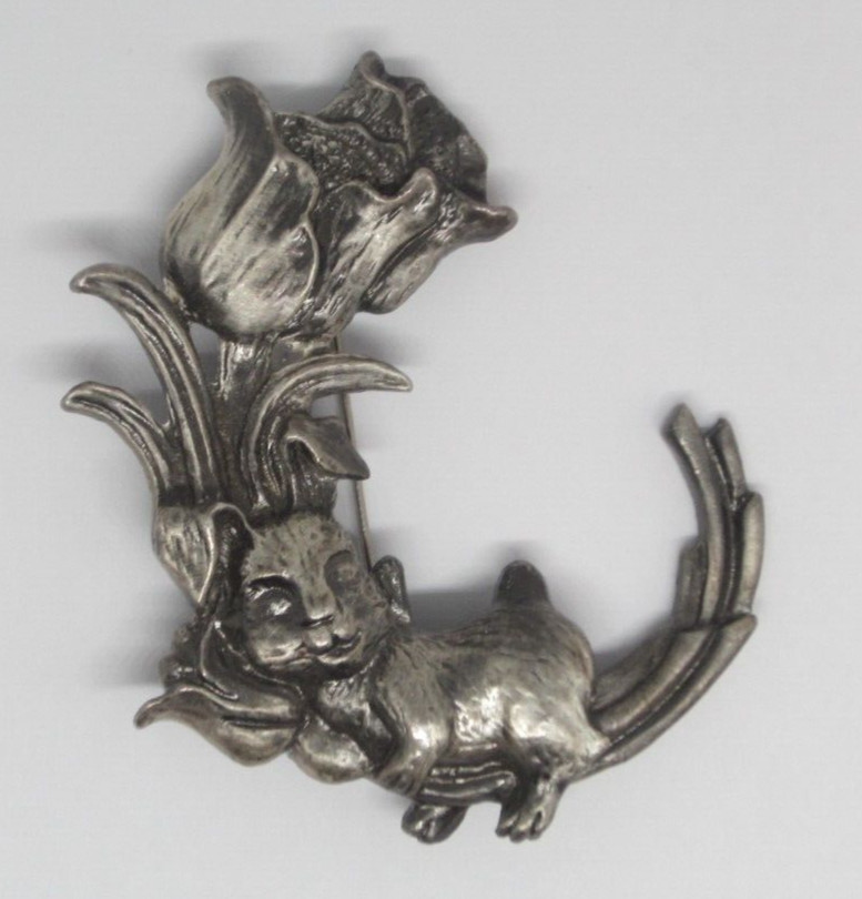 Silver Tone Rabbit With Flowers Tulips Brooch Pin Unsigned Easter Gift