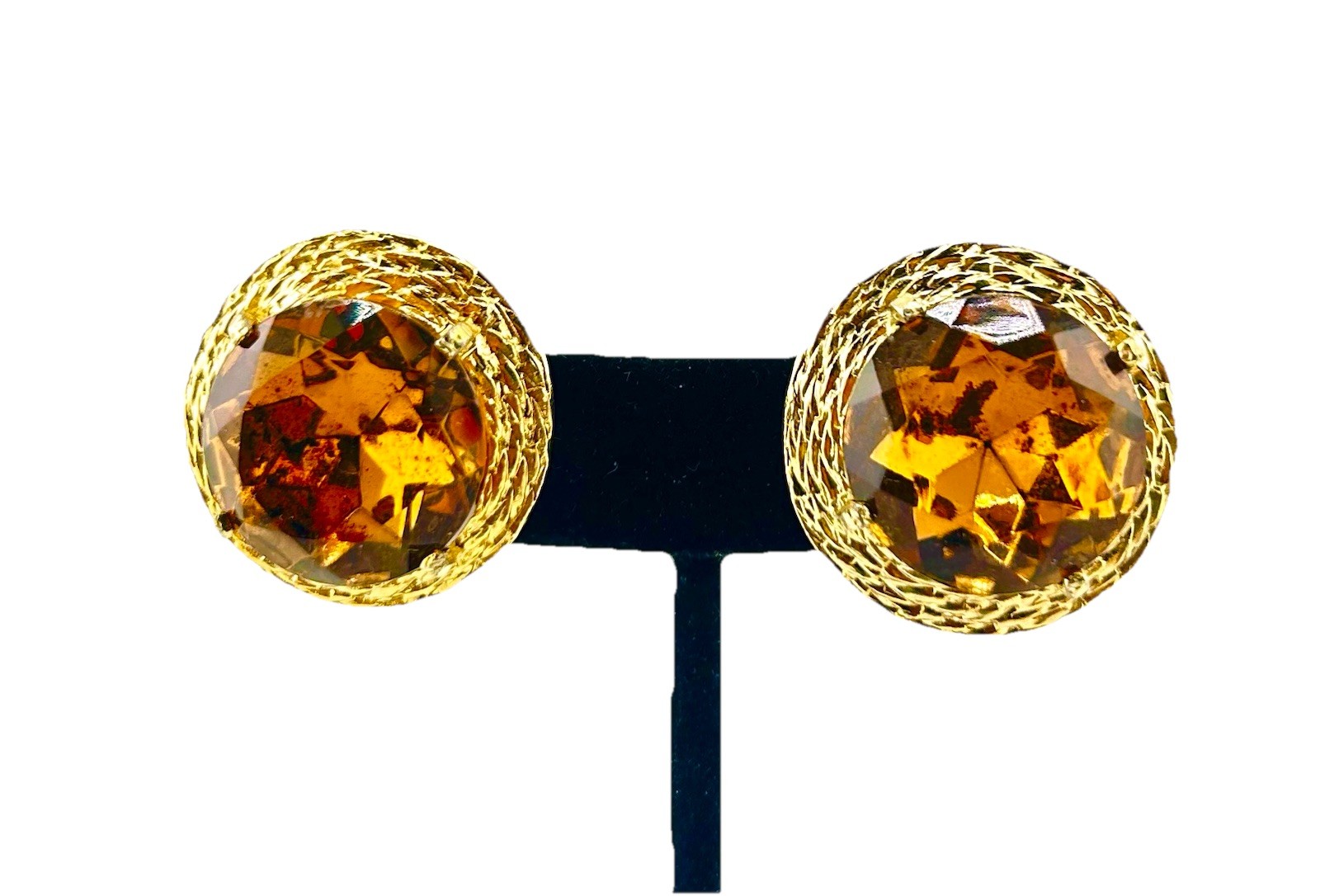 Vtg 80s Kafin Large Golden Brown Round Rhinestone Clip On Earrings Chunky