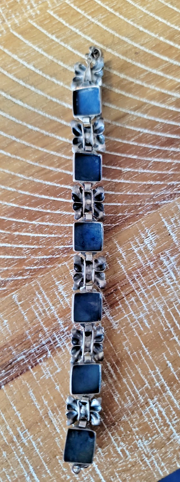 Antique Silver Cabbage Rose and Blue Link Bracelet