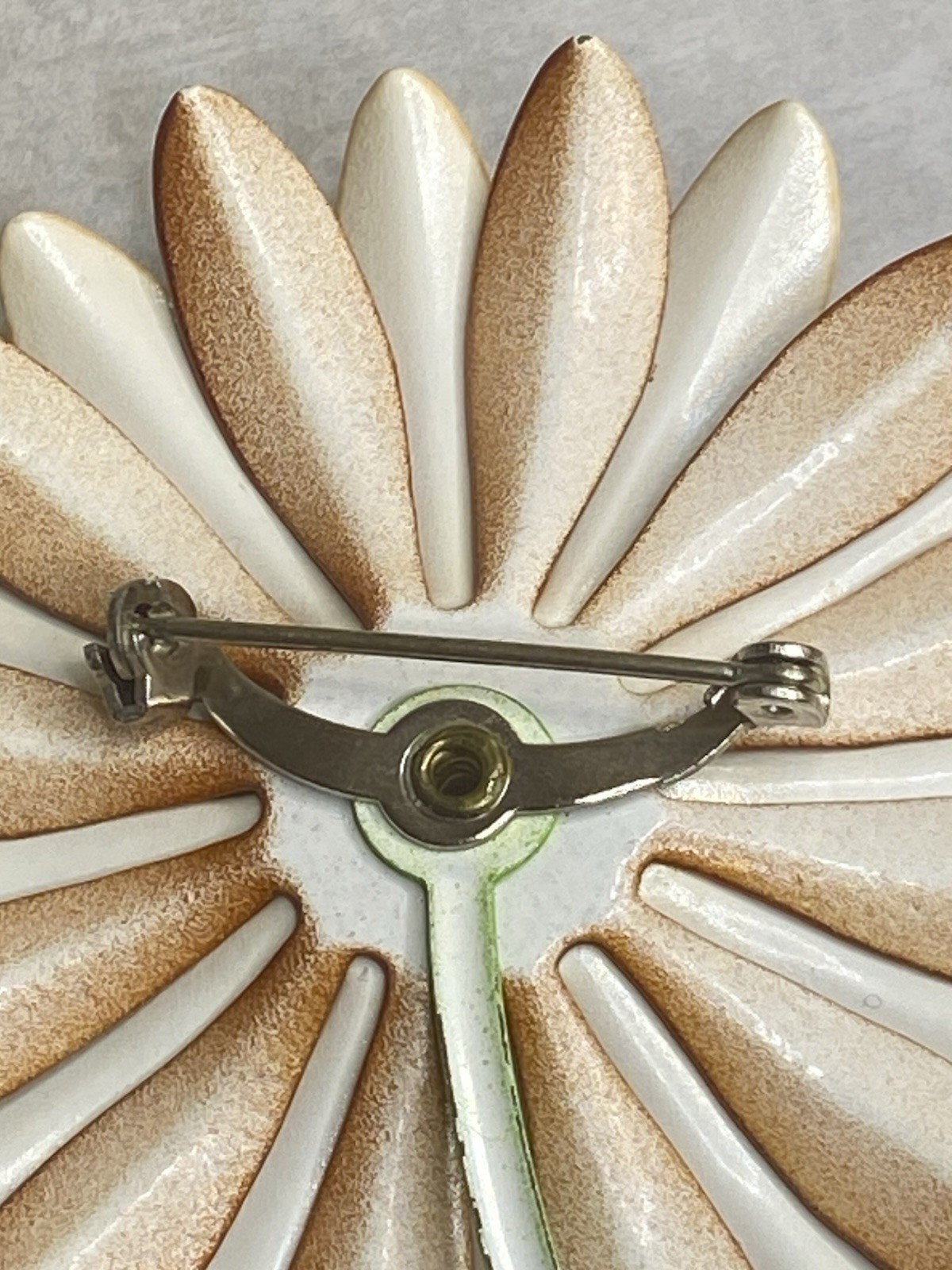 Vintage 60s Brooch Enameled Daisy Flower Cream Burnt Orange 4.25”