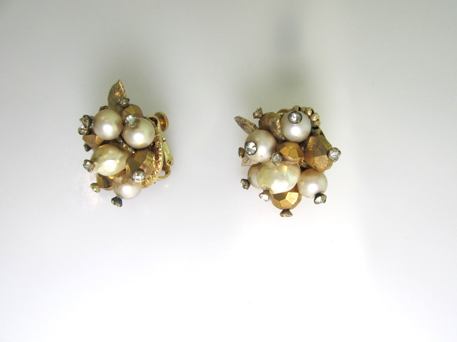 Vintage Vendome Faux Pearl Gold Bead Rhinestone Earrings Clip Layered Juliana St