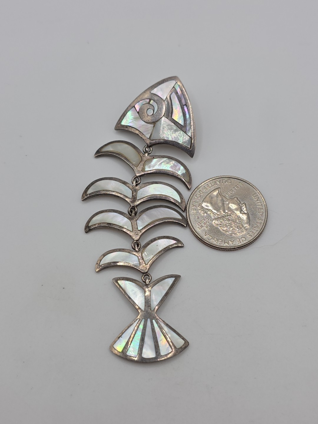 Vintage Sterling Silver 925 MoP Fish Bone Dangle Pendant