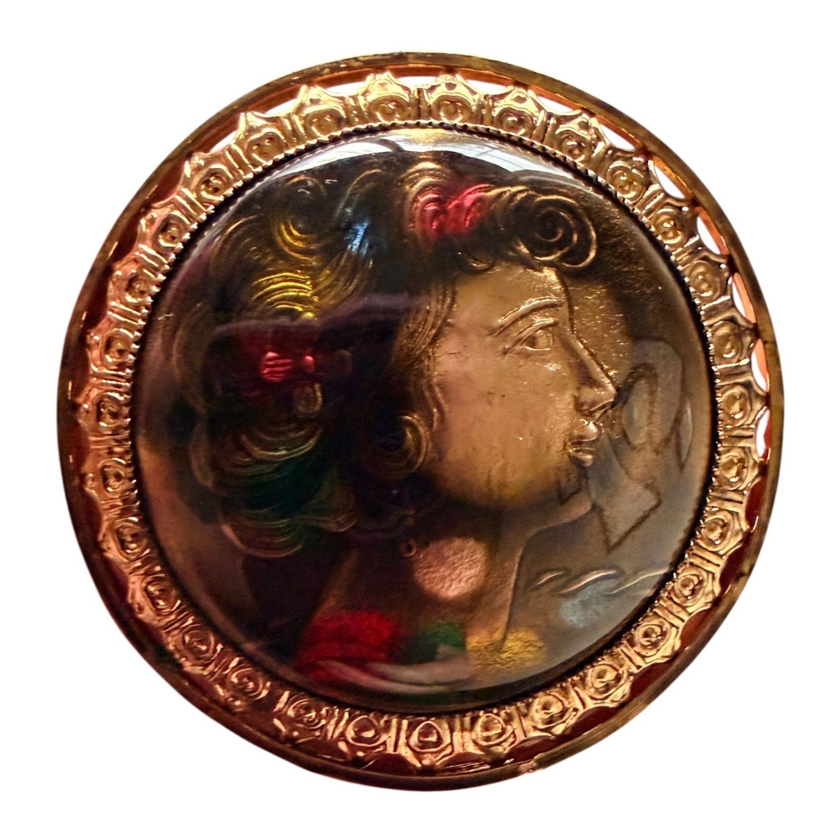 Vintage 1950s Reverse Carved Lucite Renaissance Lady Brooch New Old Stock