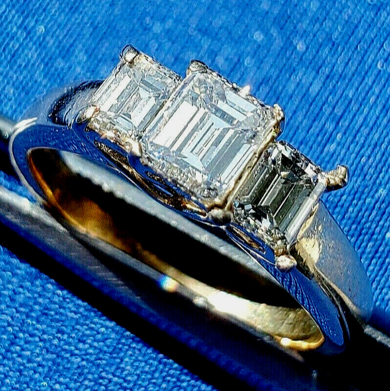 EARTH MINED DIAMOND Deco Engagement Ring 3 Stone Emerald cut Solitare 14K GOLD