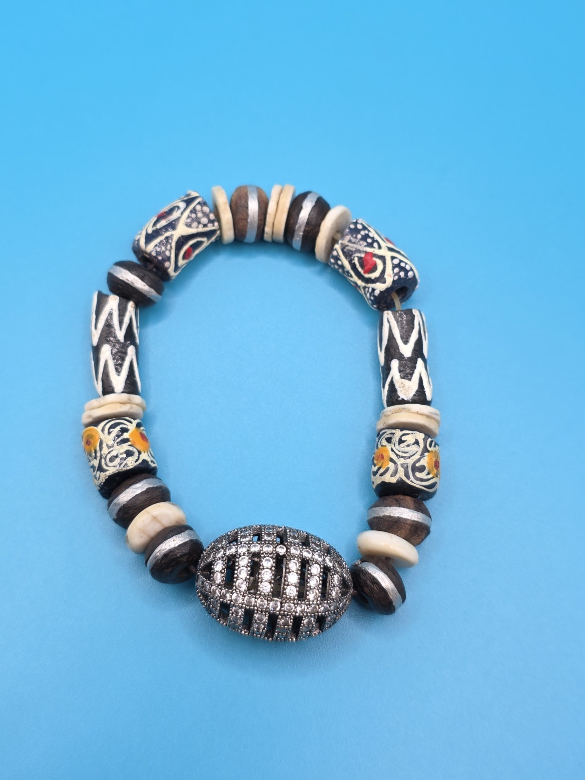 Vintage African Glass Bead & Rhinestone Focal Stretch Bracelet Tribal Boho