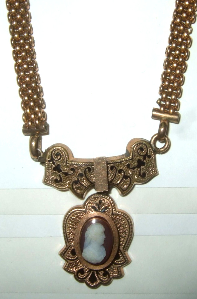 Antique Victorian Cameo Neckace Wide Chain Gorgeous Estate Jewelry