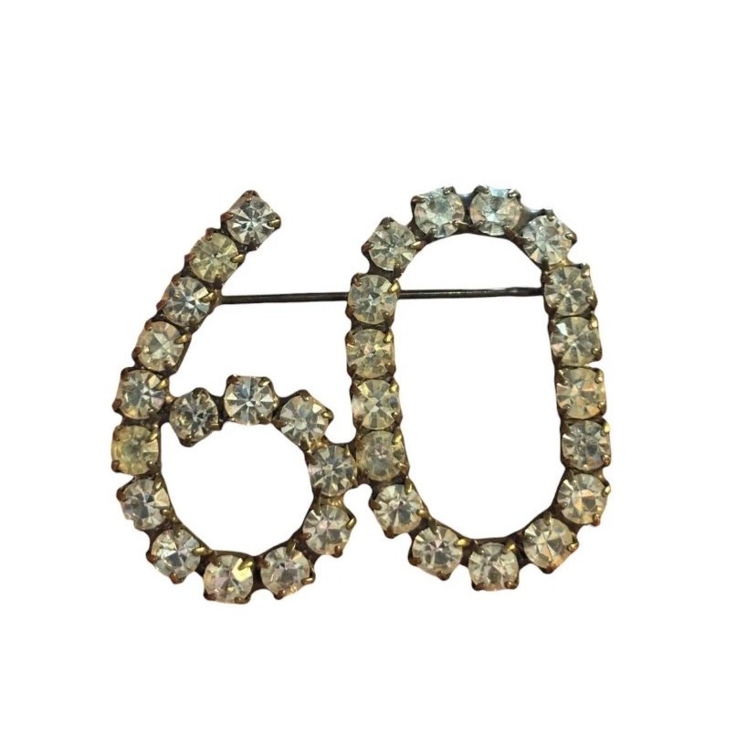 Vintage Rhinestone 60 Number Brooch Crystal Milestone Birthday Anniversary Pin