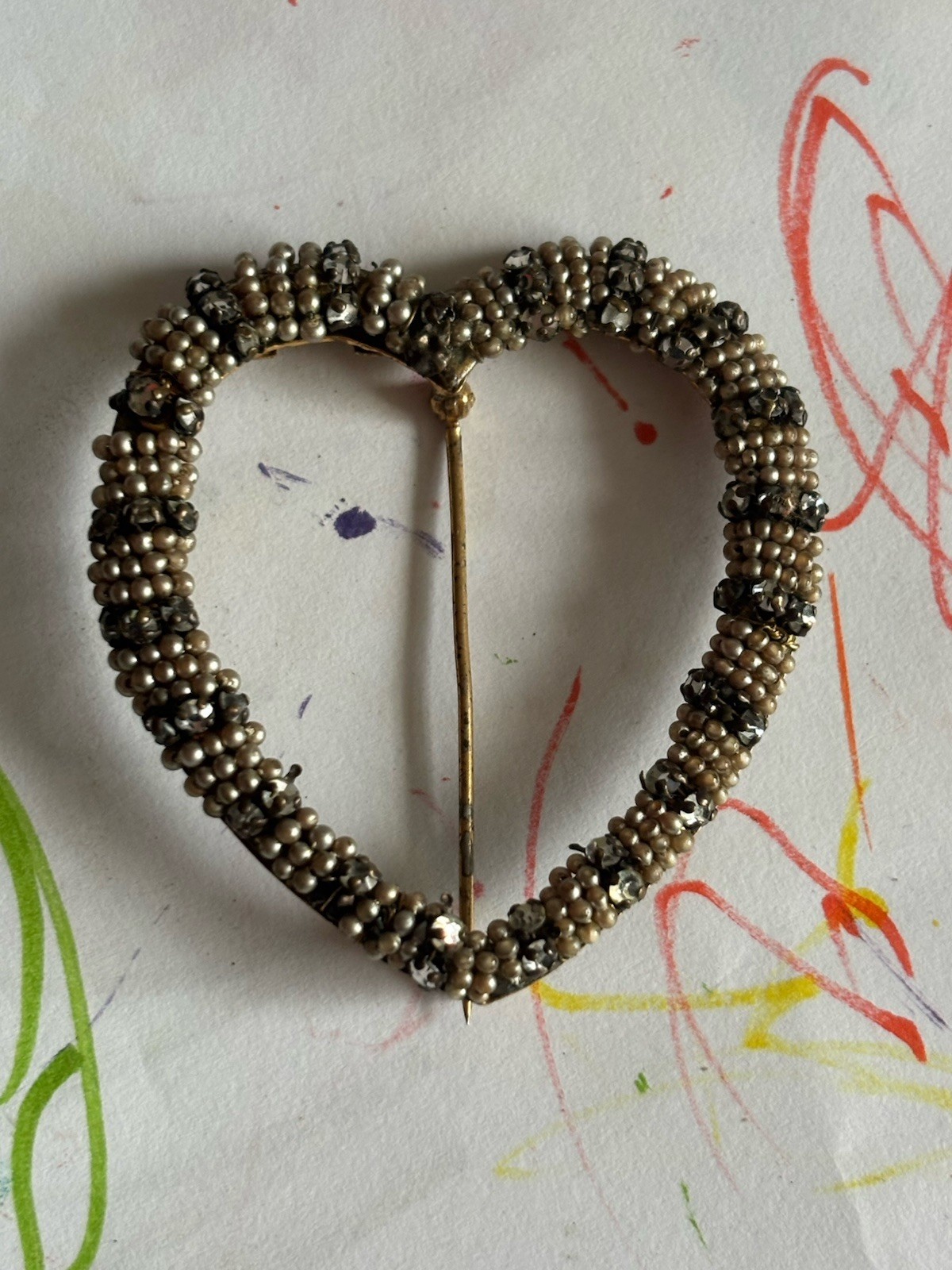 VTG Miriam Haskell HEART Brooch Pin Pearl Crystal Wrapped