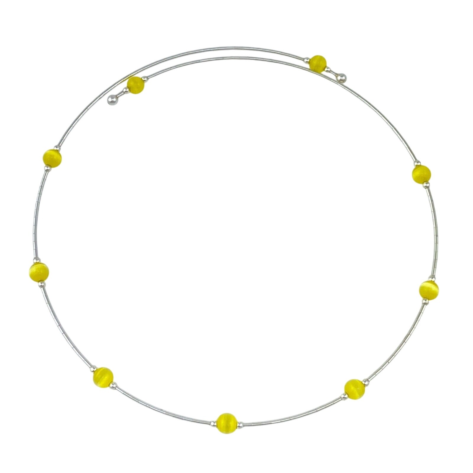 Sterling Silver Memory Wire Yellow Simulated Cat’s Eye Bead Choker Necklace 16″