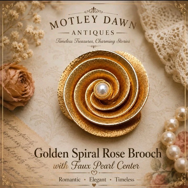 Vintage 60s Golden Pinwheel Rose Spiral w/ Faux Round Pearl Center