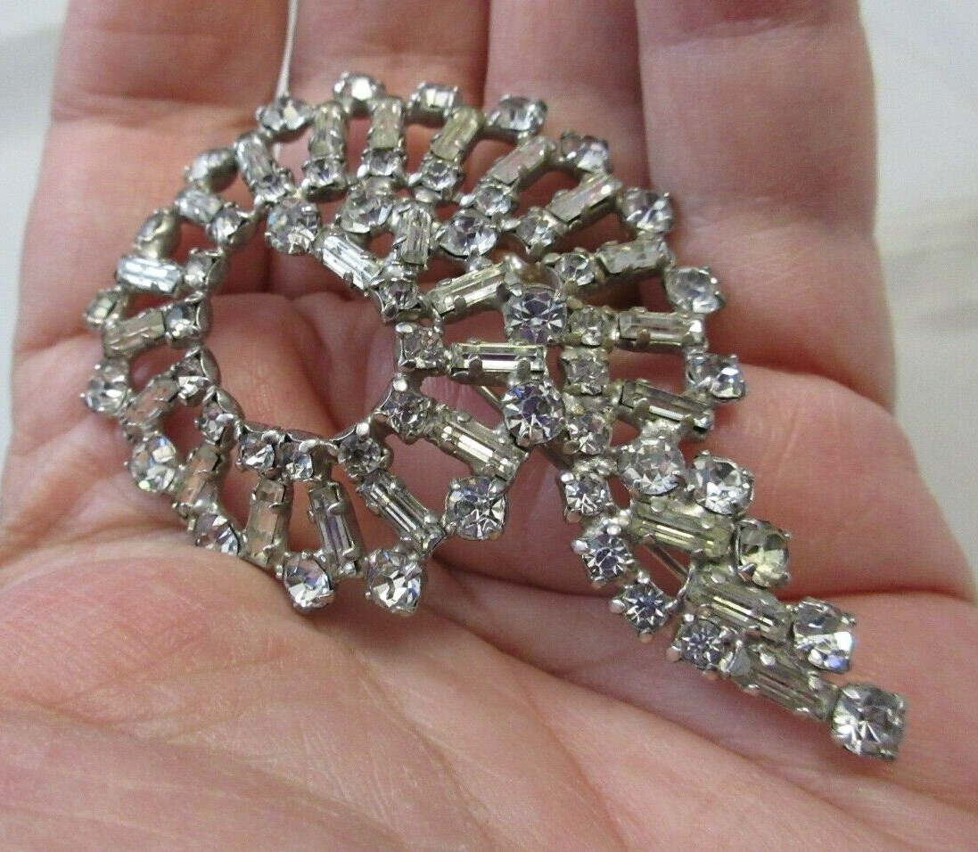 High End Prong Set Clear Rhinestone Brooch w/Baguette Stones Silver Tone Swirly