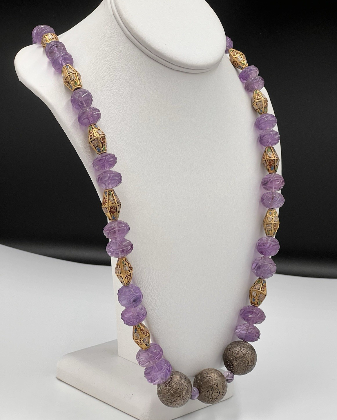Vtg Chinese Carved Amethyst Bead & Gold Cloisonne Necklace, 168 grams, 30″ Long