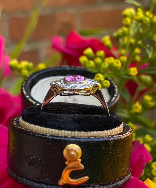 Art Deco Style Oval Pink Sapphire and Lab Created Diamond 14K White Gold FN Ring