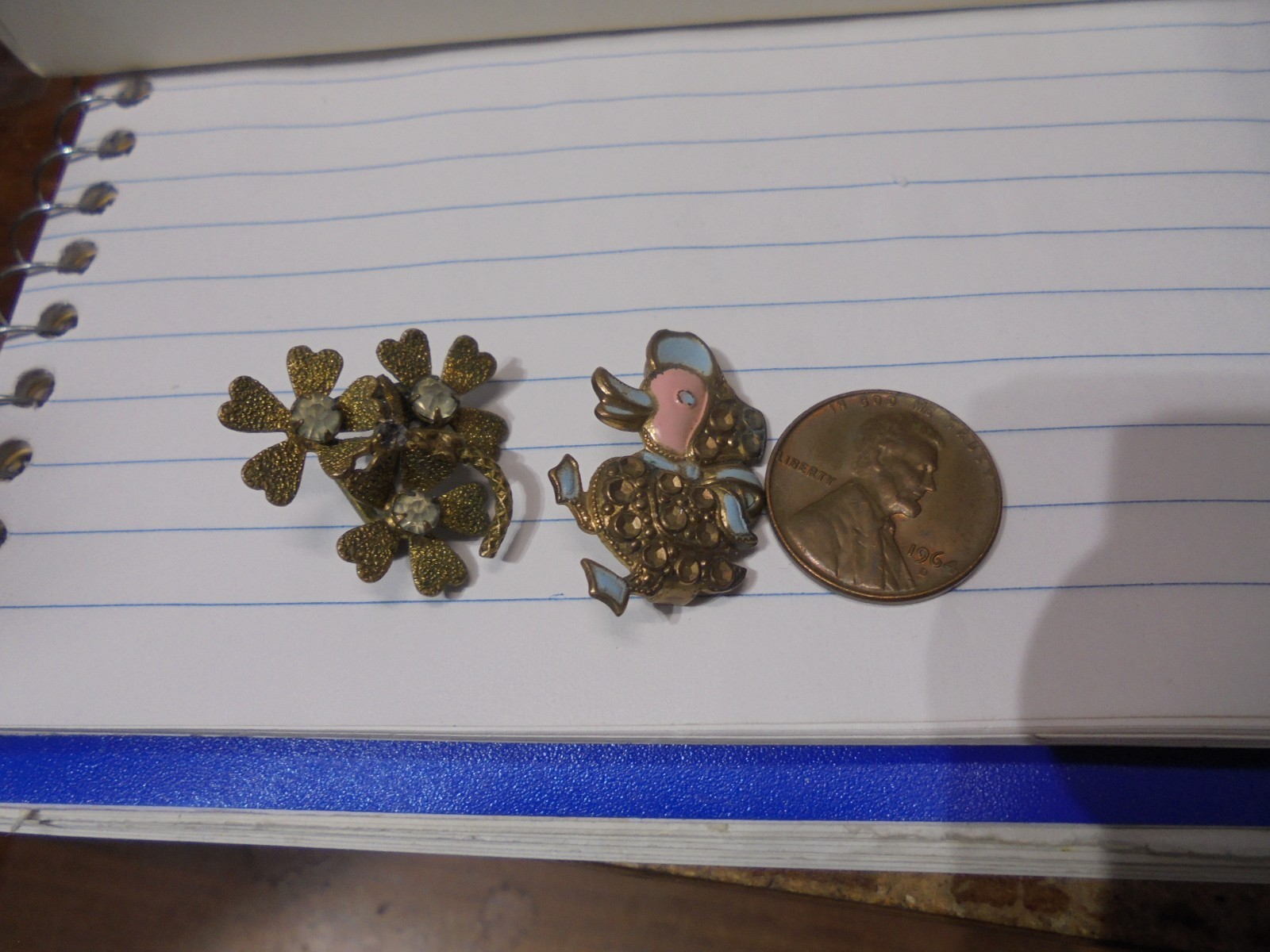 2 Old Brooches/Pins Enameled Ducky and Flower Bouquet 1″ Each