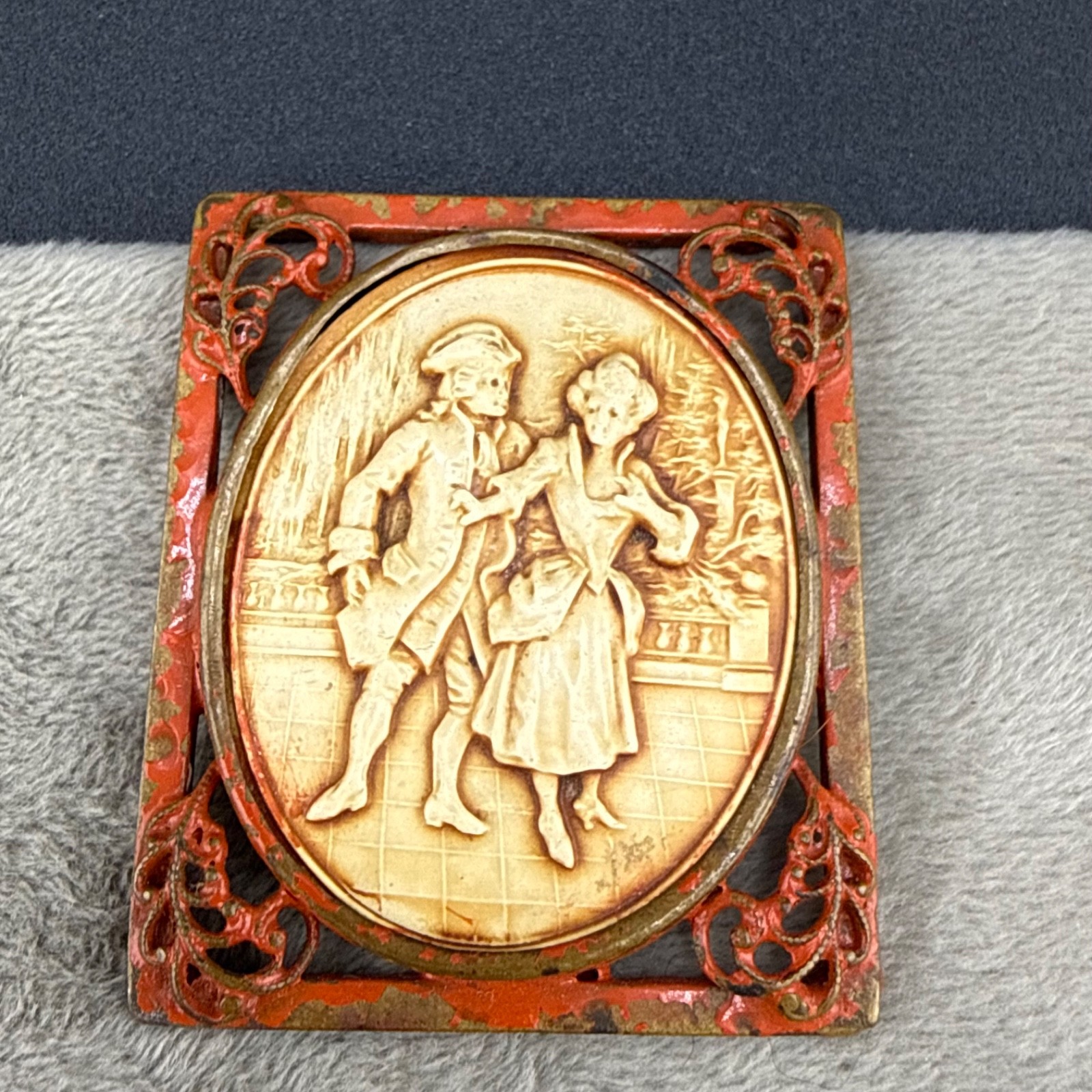 Vintage Colonial Courting Couple Brooch Red Enamel Metal Celluloid