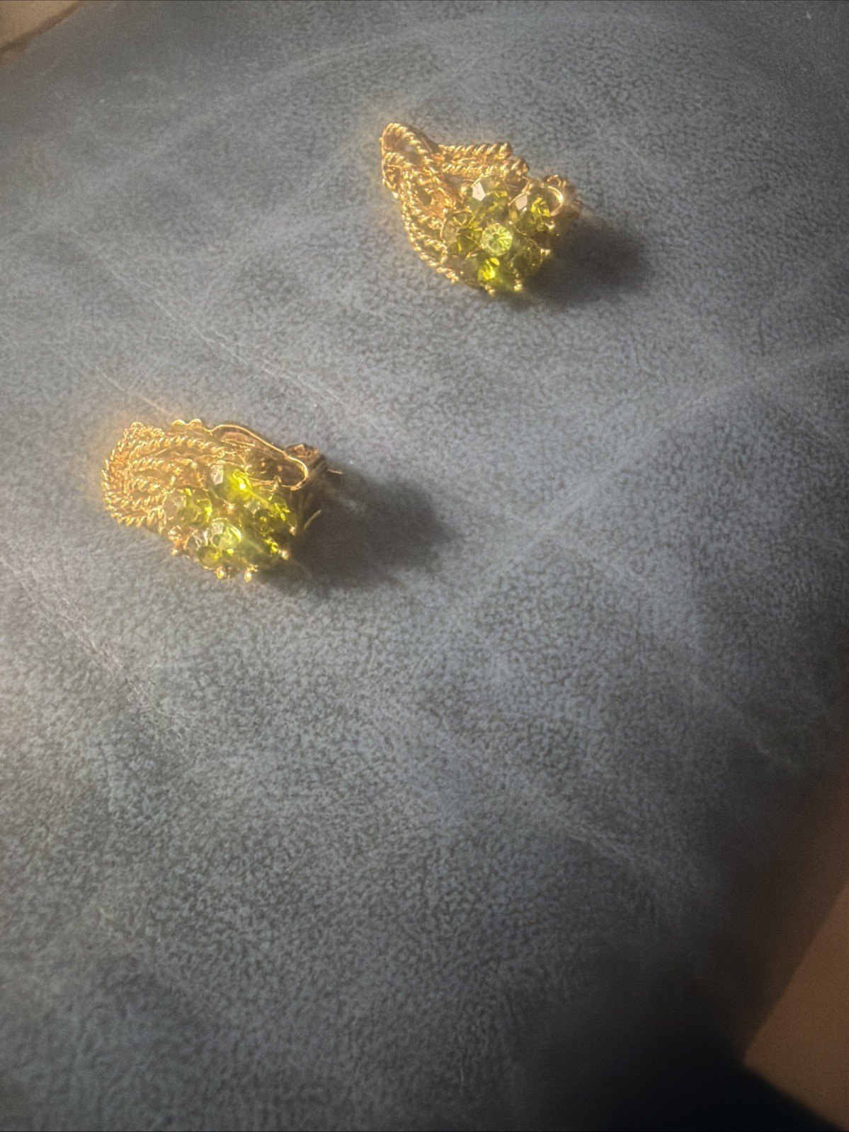 Green Rhinestone flower Cluster Clip On Gold Tone Earrings