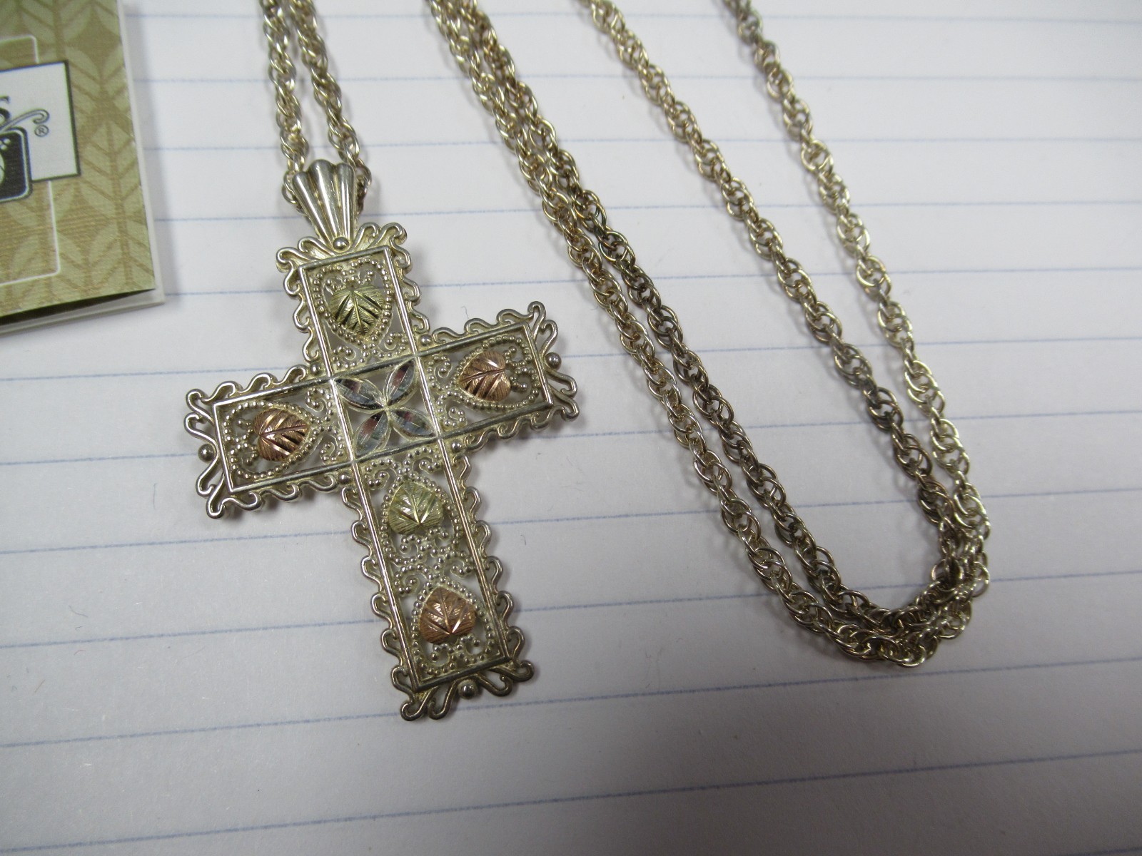 Vintage Sterling & 12K Black Hills Gold Cross Pendant & Sterling Necklace in Box