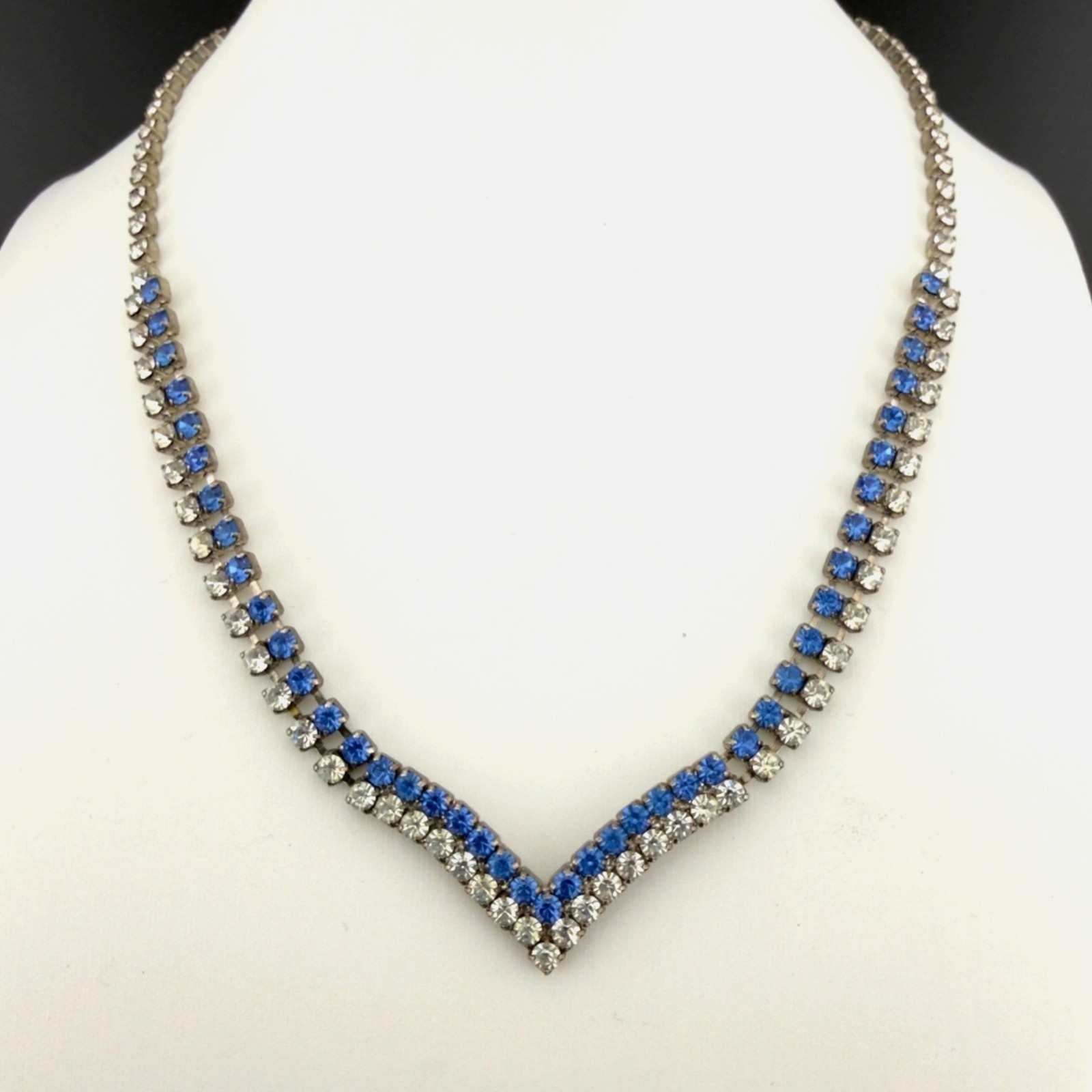 Vintage Blue Clear Rhinestone Necklace V Shape Silver Tone 16-Inch