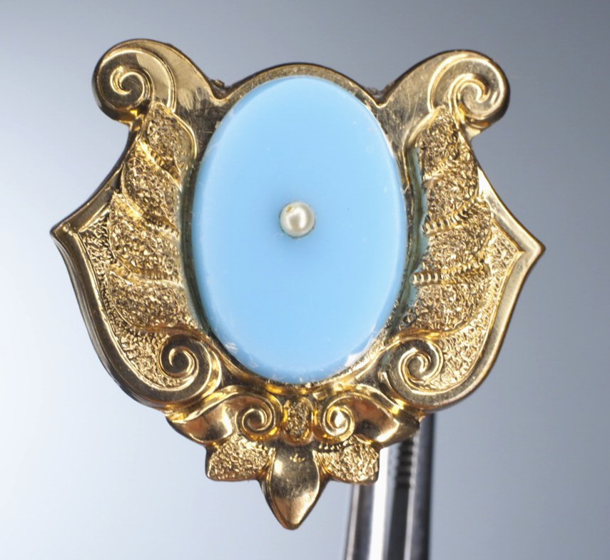 Antique gold brooch blue opaline glass hollow pin tube hinge C-clasp jewelry