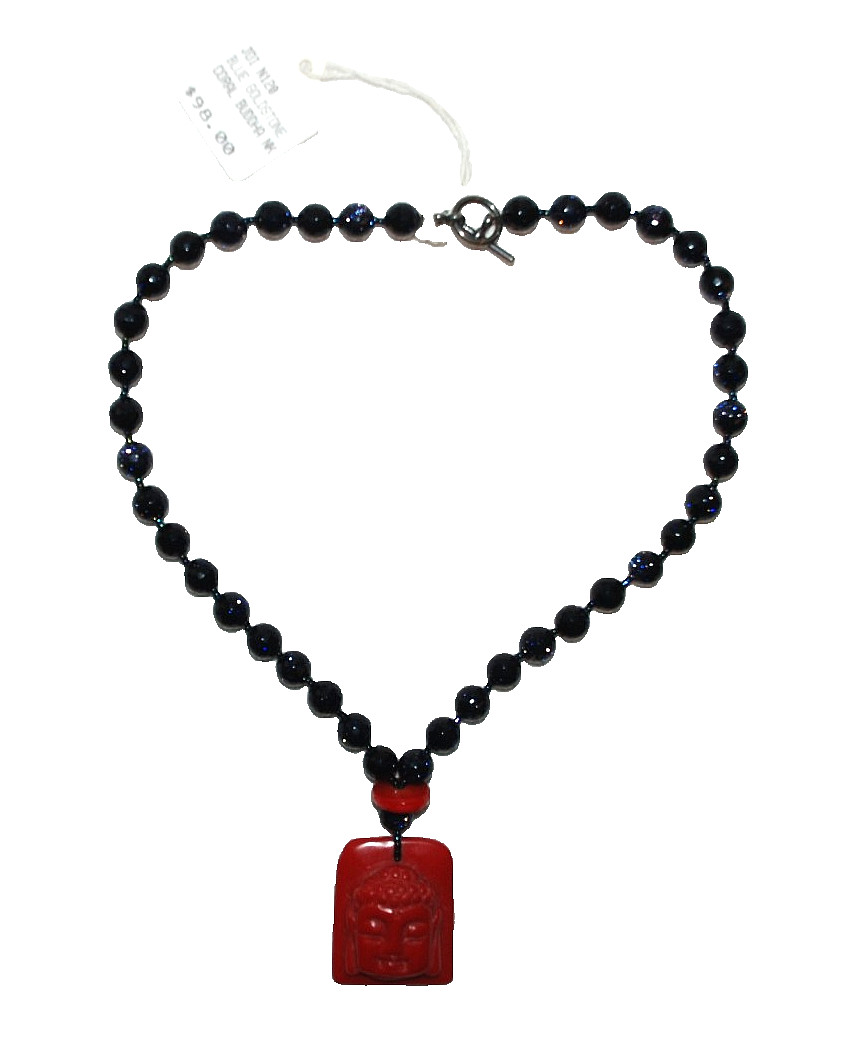Blue Goldstone Coral Budda Choker Necklace Women’s Jewelry JOI N120 Vintage 1987