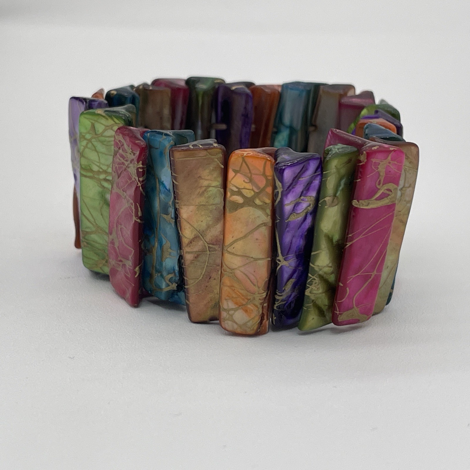 Vintage Stretch Bangle Bracelet Iridescent Multicolor With Gold Accents