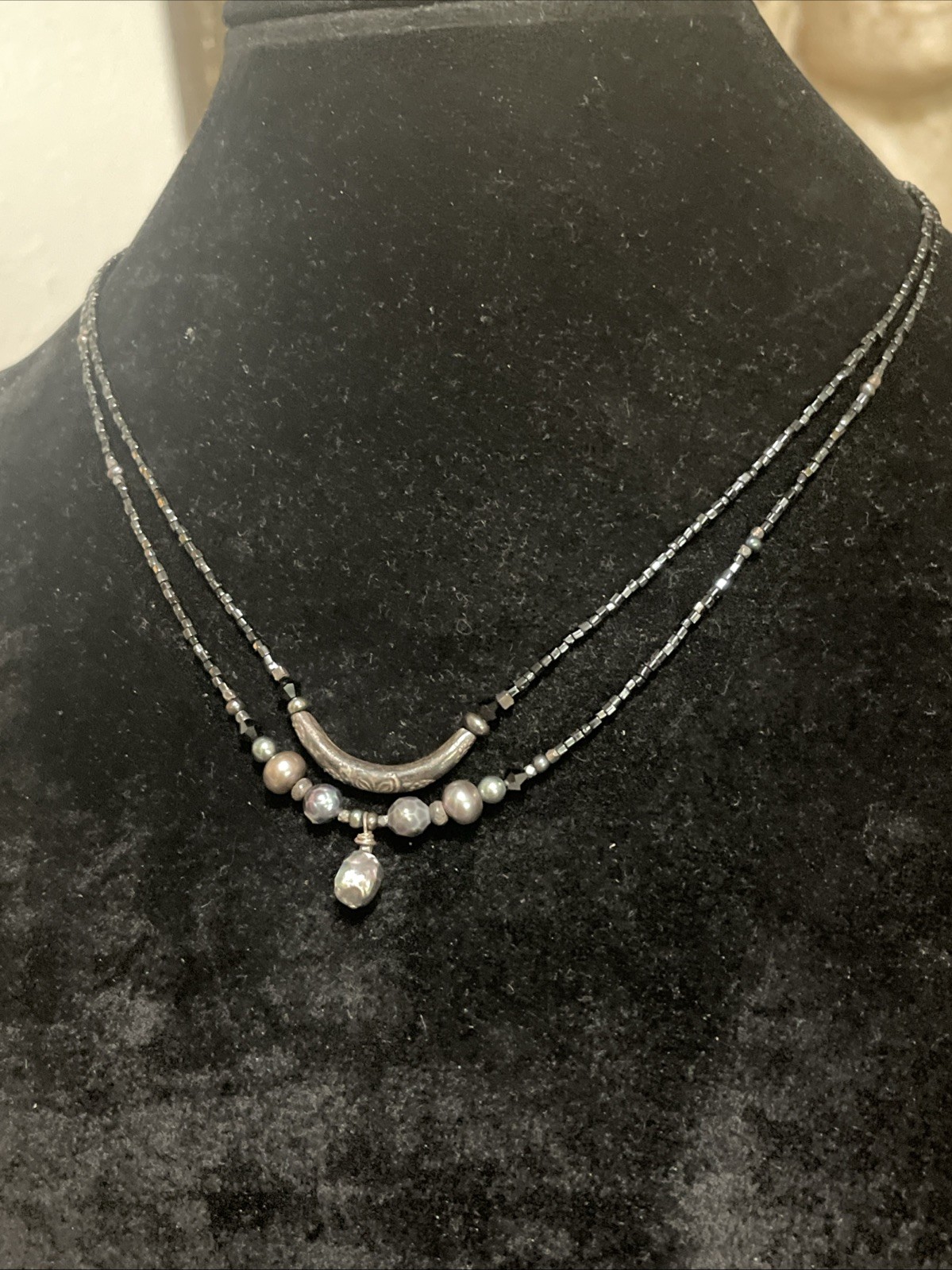 Vintage Boho Sterling Silver Beaded Baroque Pearl Necklace 18”