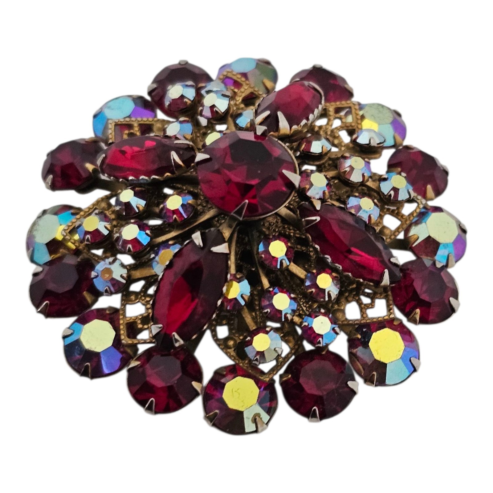 Vintage Red Irredescent Rhinestone Crystal Brooch Large MCM
