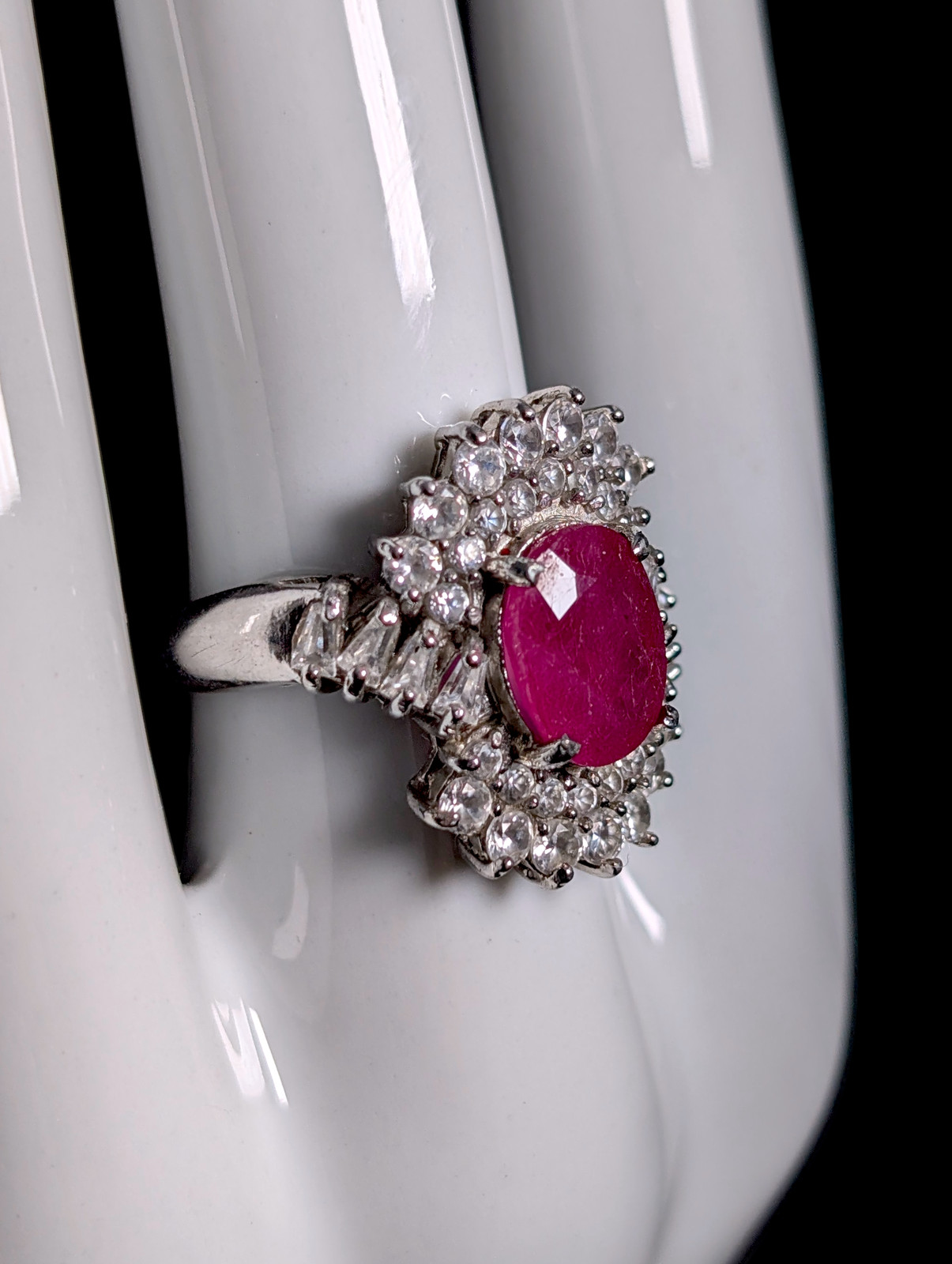 Vintage Art Deco Inspired Earth Mined Genuine Ruby Solitaire and Simulated Diamo