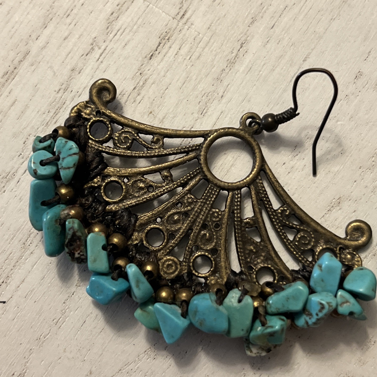 Vintage Turquoise and Brass Plated Metal Fan Earrings Art Deco Style Pierced