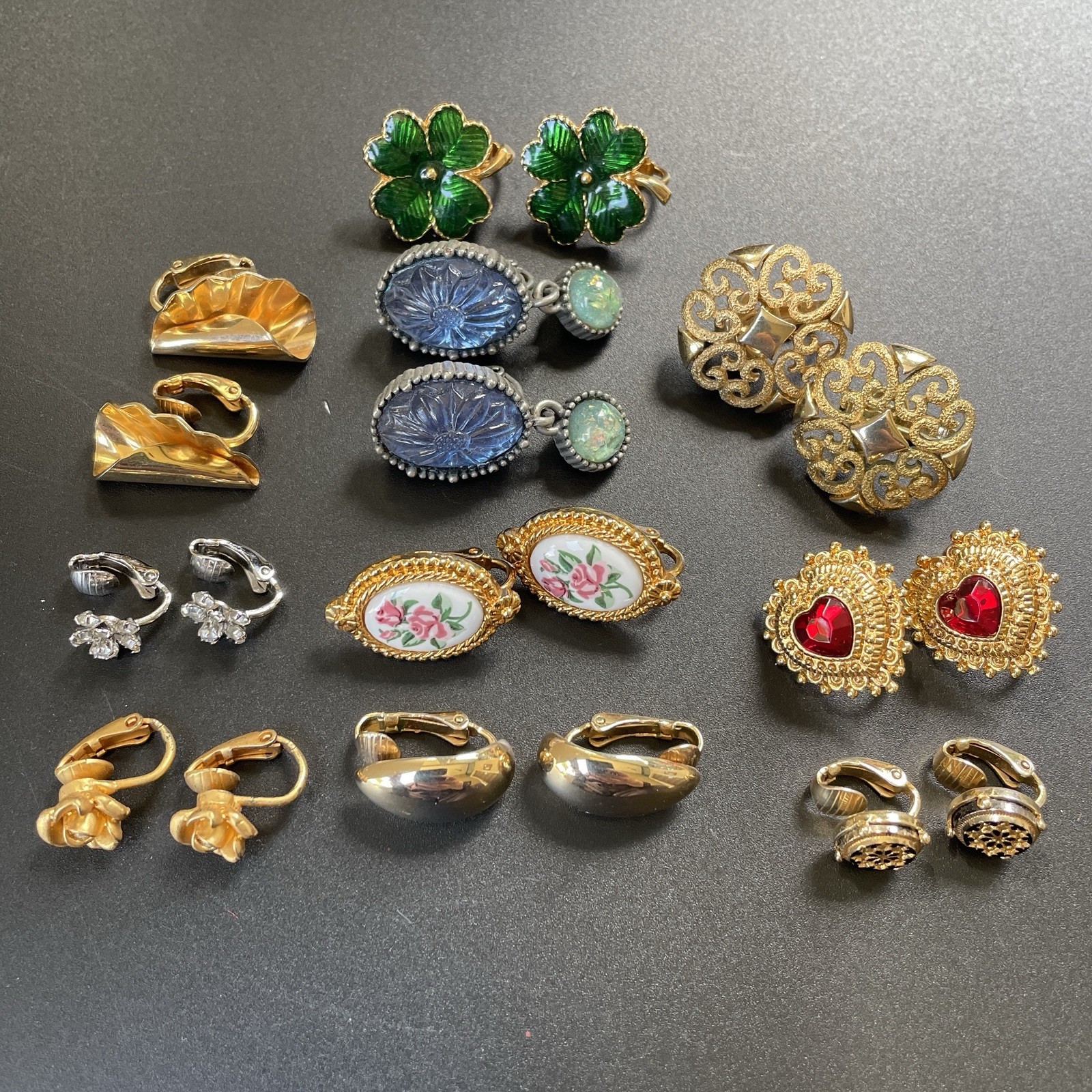 AVON Clip On Earring 10 Pair Lot All Signed Gold and Silver Tone Heart Clover