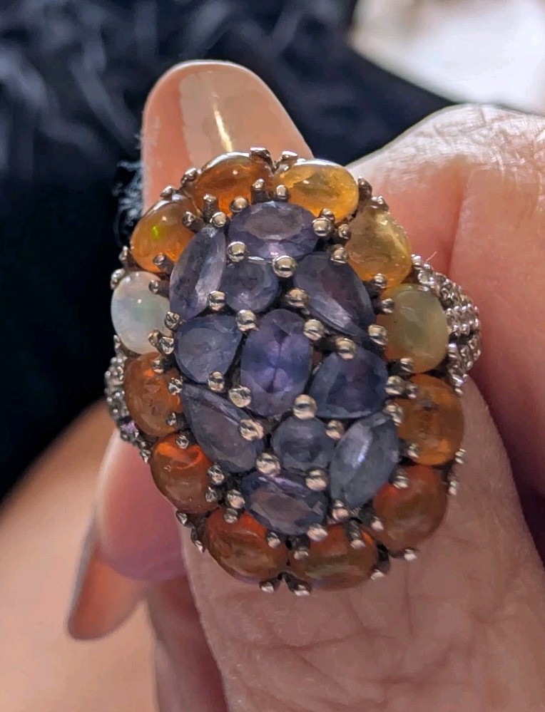 Sterling Silver Ethiopian Welo Opal & Iolite Cluster Ring With White Zircons