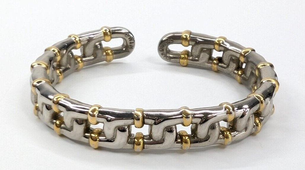 VTG Joan Rivers Gold Silver Tone Chain Link Flexible Cuff Bracelet 3/8″ Wide