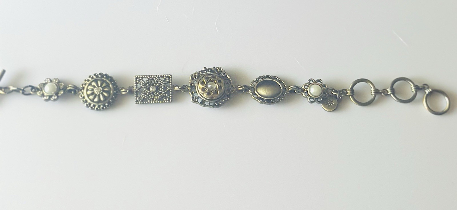 Vintage Style Mixed Metal Link Bracelet Faux Pearl Filigree Toggle Clasp Boho