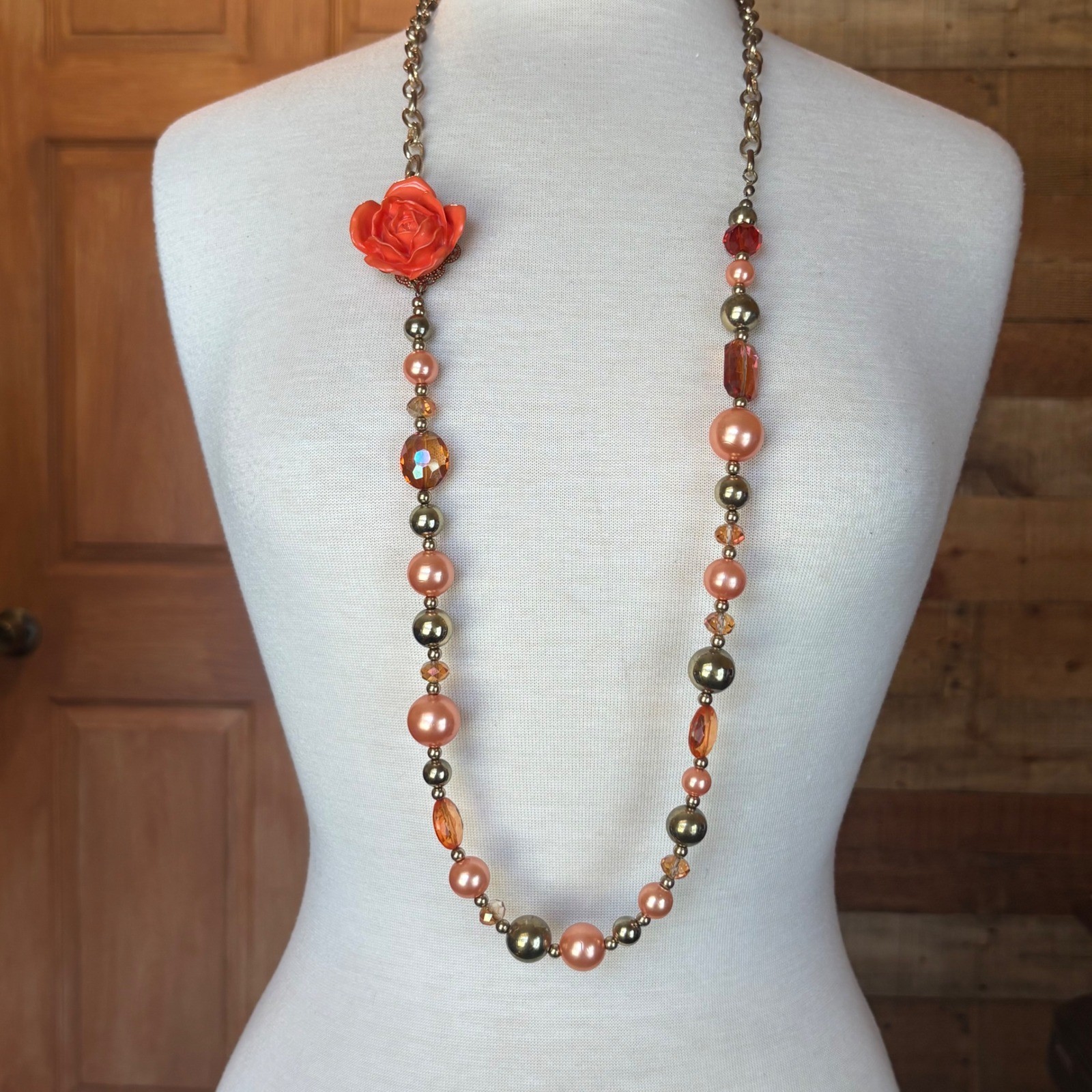 Orange Resin Rose Asymmetrical Statement Necklace Multi-Tonal Beads Gold Tone