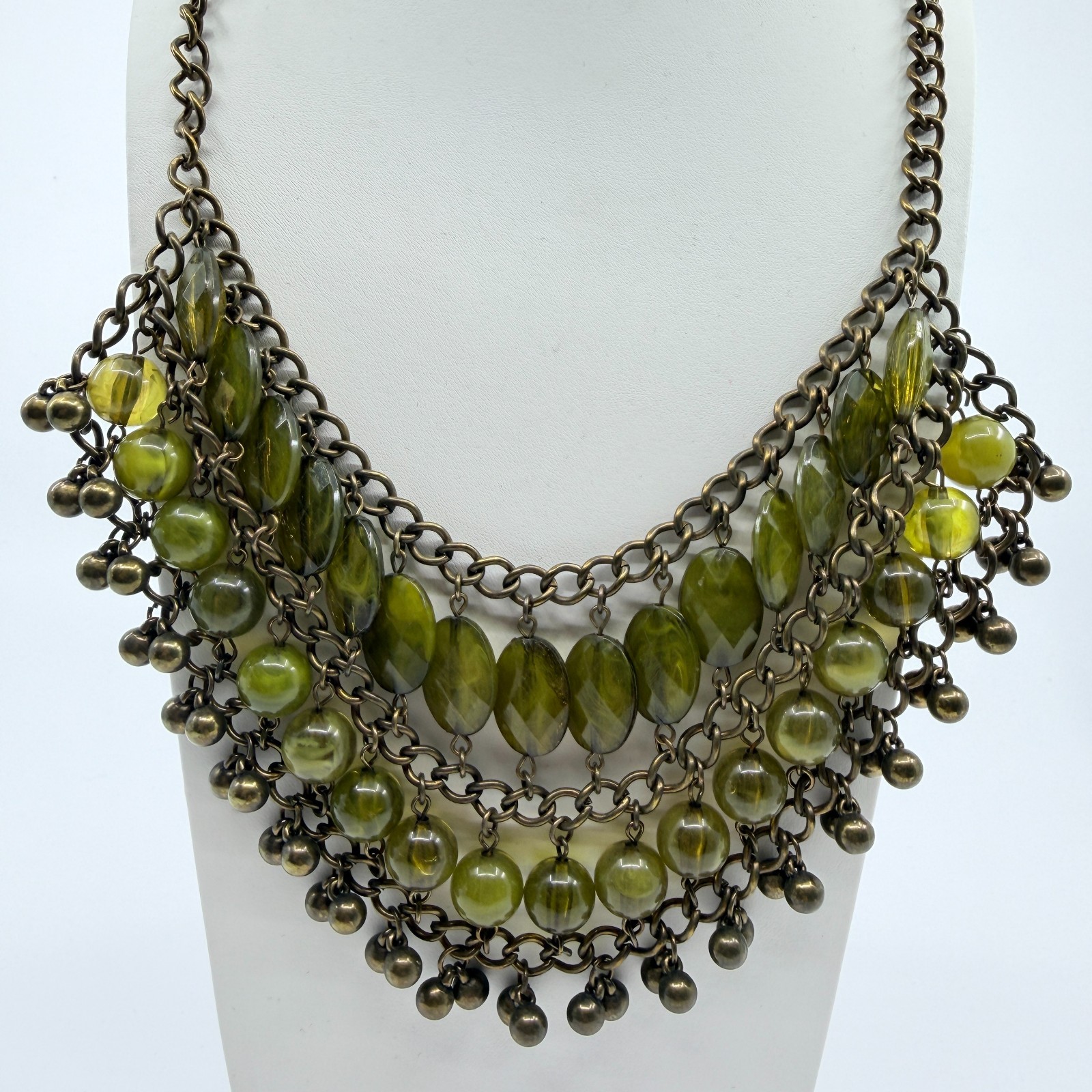 Vintage Bronze Tone Multi Strand Bib Necklace Chunky Statement Green Bead Boho