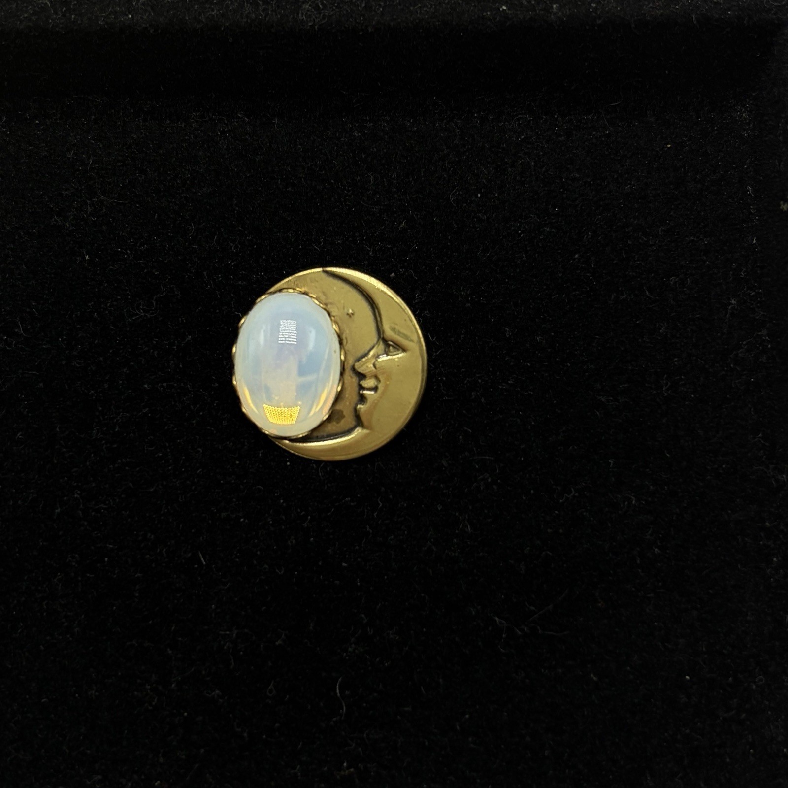 Vintage Celestial Crescent Moon Brooch Pin Cabochon Opalescent Stone
