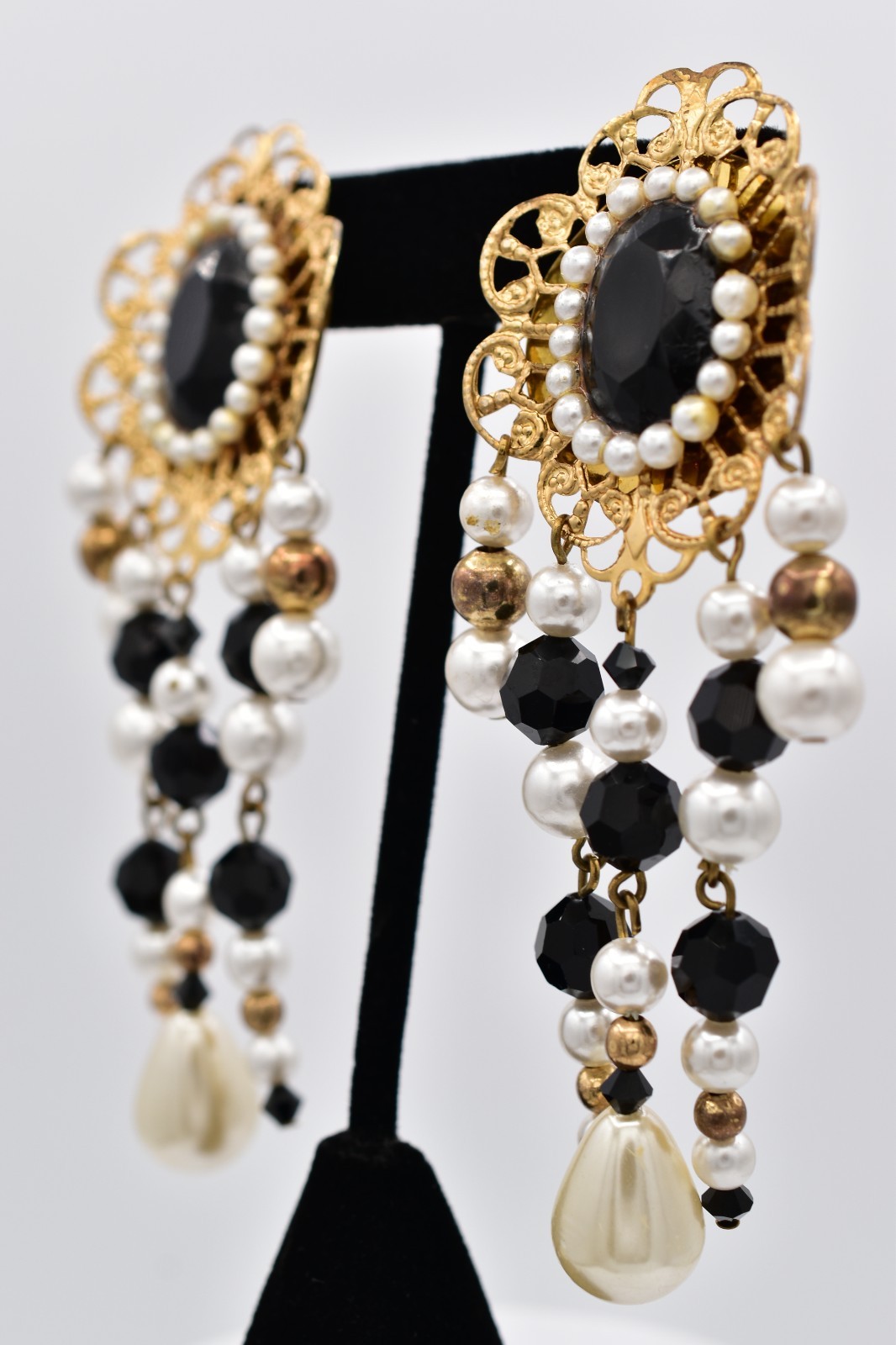 Jacklynn Vintage Beaded Fringe Clip On Earrings Black Crystal Pearl Gold BinBF