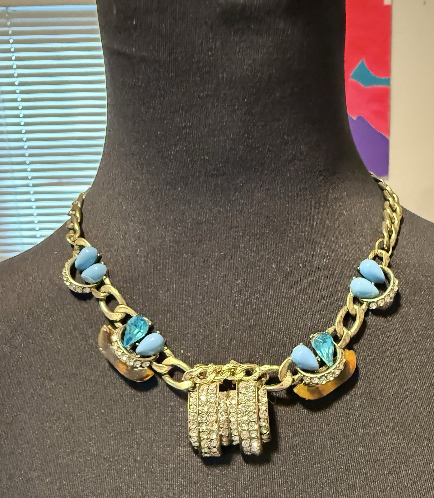 12.58 Pilgrim Statement Necklace Blue Amber Lucite Rhinestone Gold Tone Denmark