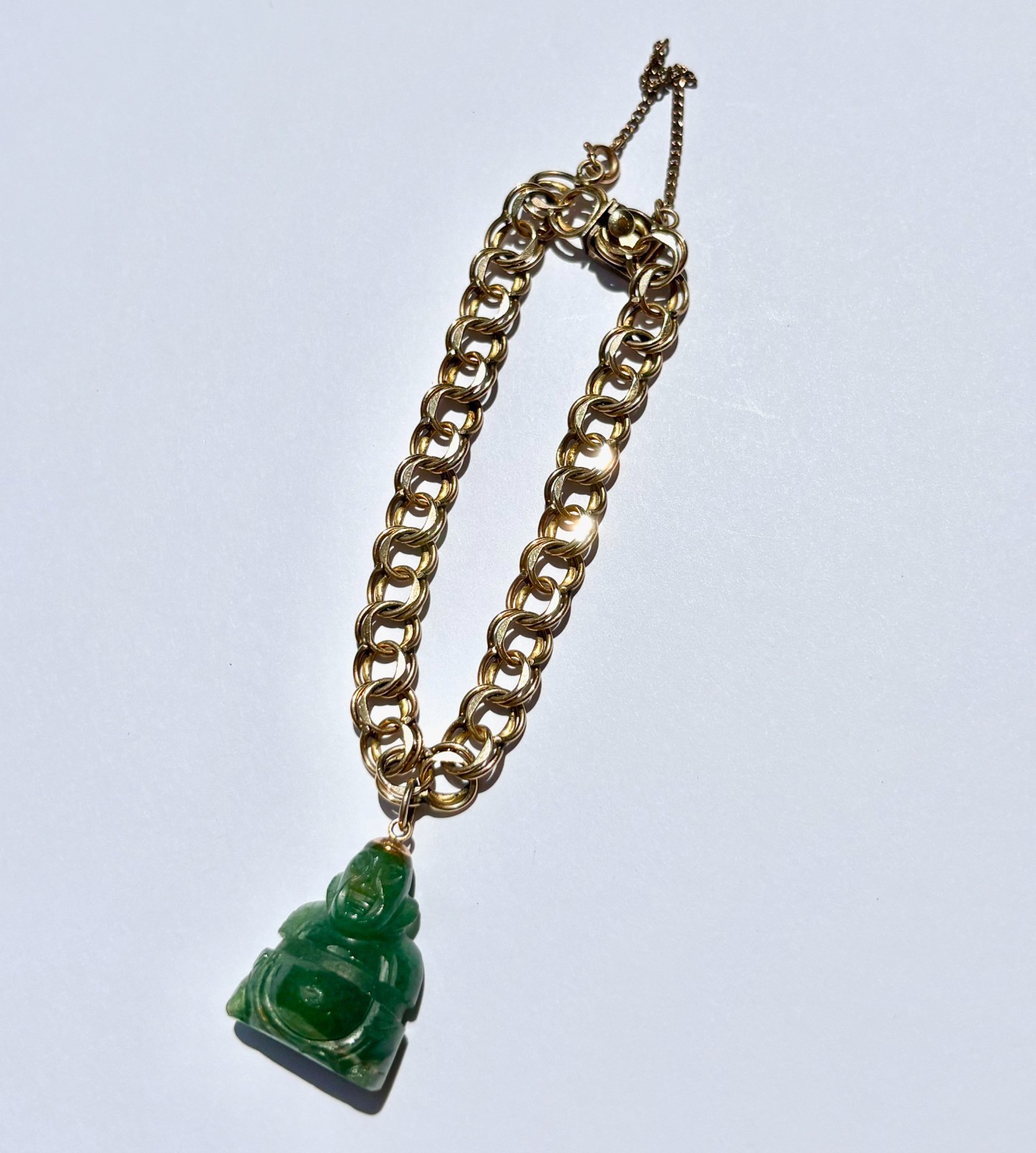 Vintage Double Link 12K 1/20 Gold Filled Green Carved Stone Charm Bracelet