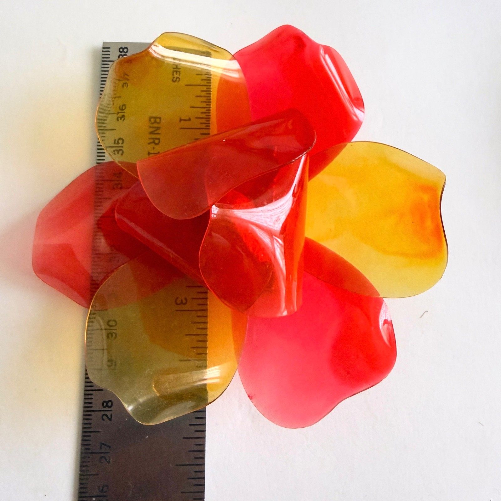 Vintage Huge Cellulose Acetate Flower Brooch Translucent Layered Red Yellow