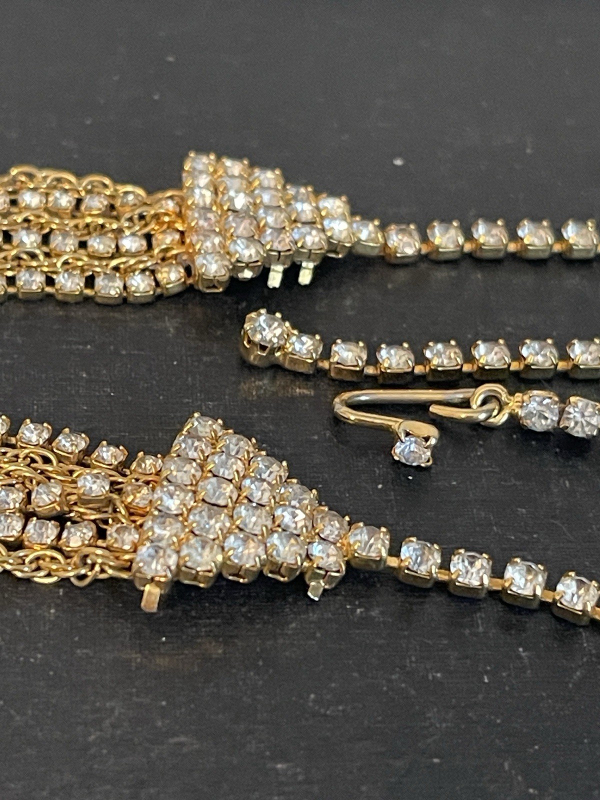 Vintage Multi-Strand Waterfall Rhinestone & Gold Chain Statement Necklace