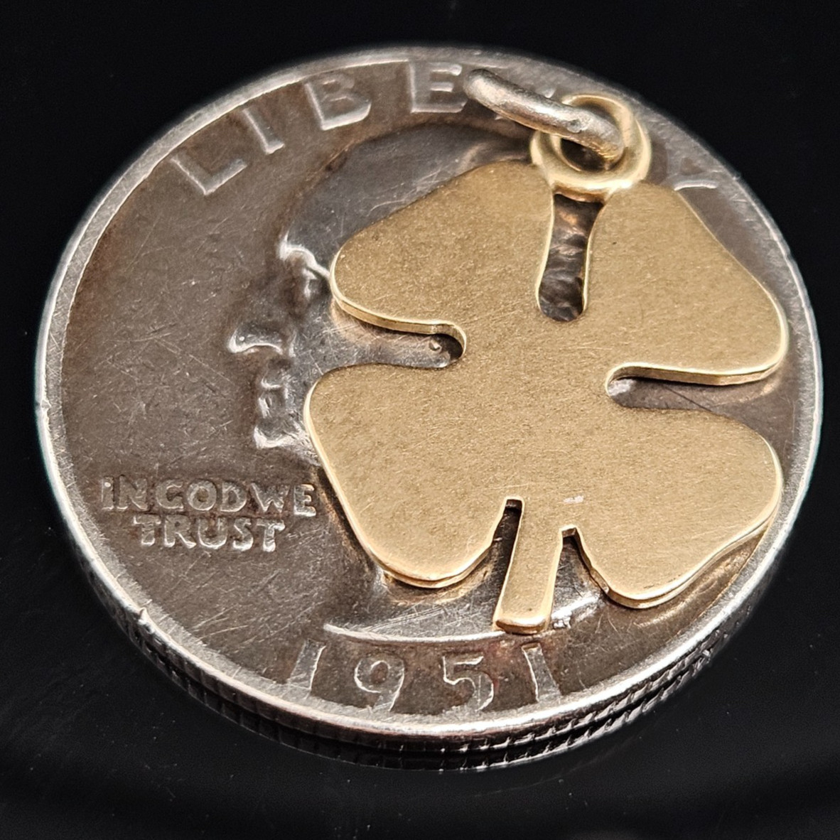 14K Gold LUCKY FOUR LEAF CLOVER Charm Pendant Luck Flower Irish Shamrock Vintage