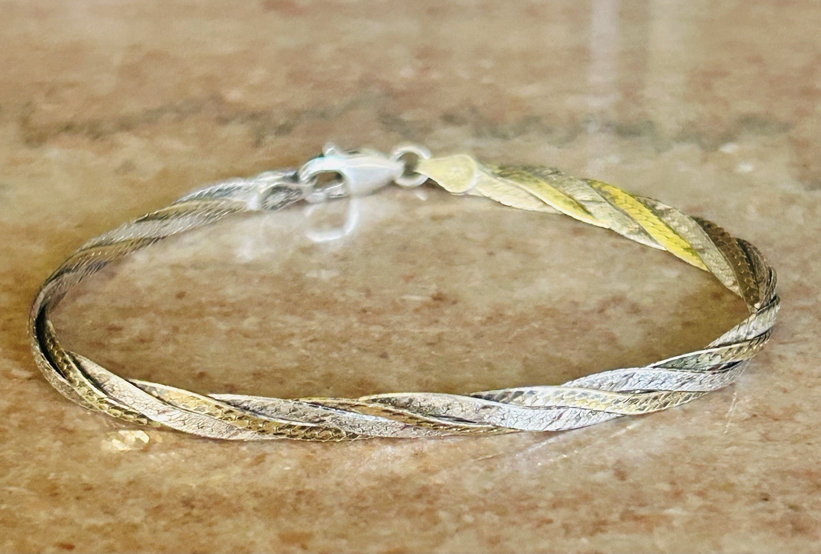 Vintage FMC Italy Bi Color Sterling Silver Woven Twist Bracelet 7” 4 MM 5.4 G